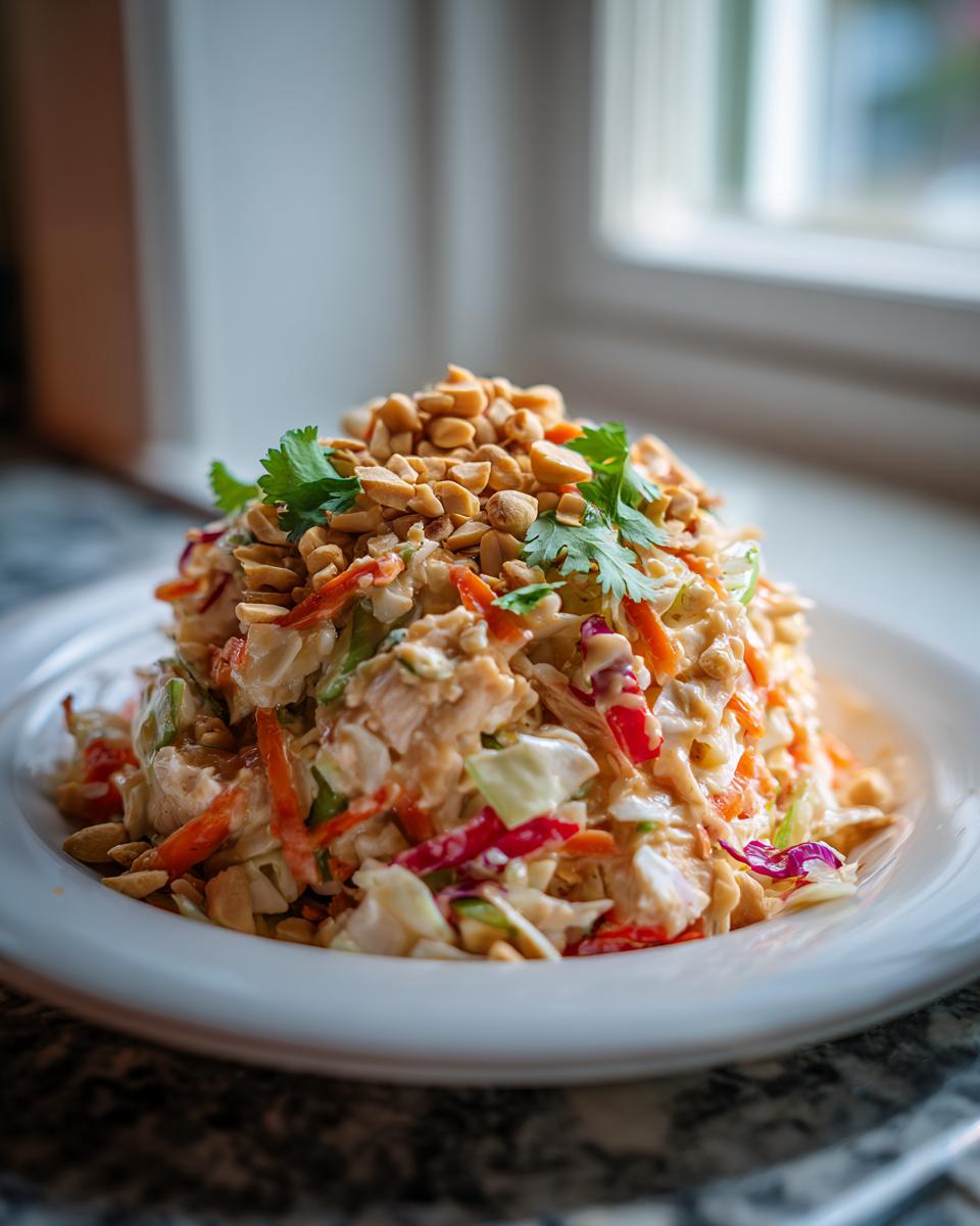 A mound of creamy thai chicken salad mixed with shredded cabbage and carrots, topped with crushed peanuts and cilantro.