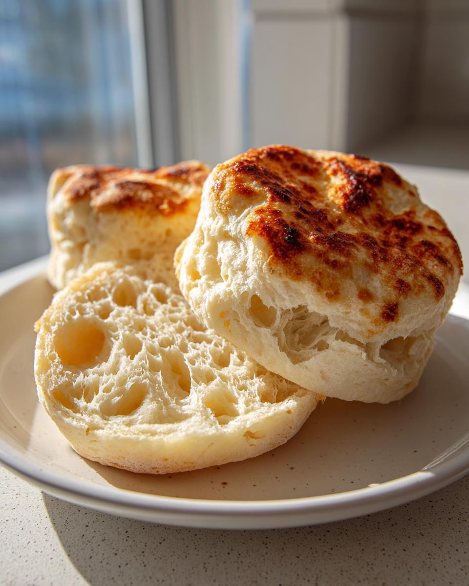 Two golden-brown english muffin recipe halves, one sliced open showing the signature nooks and crannies.