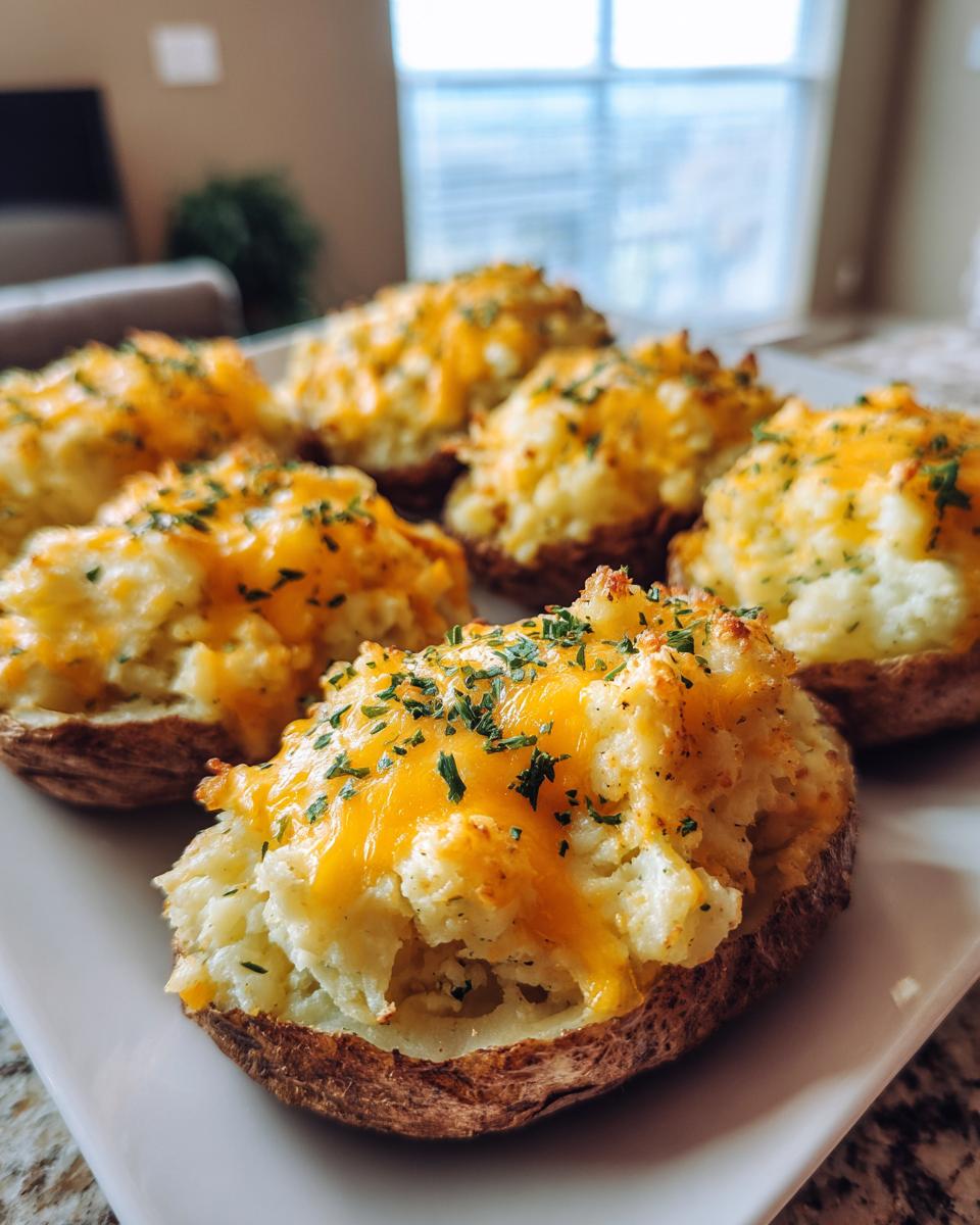 Several halves of Twice Baked Potato Casserole, filled with creamy potato mixture, topped with melted cheddar cheese and chives.