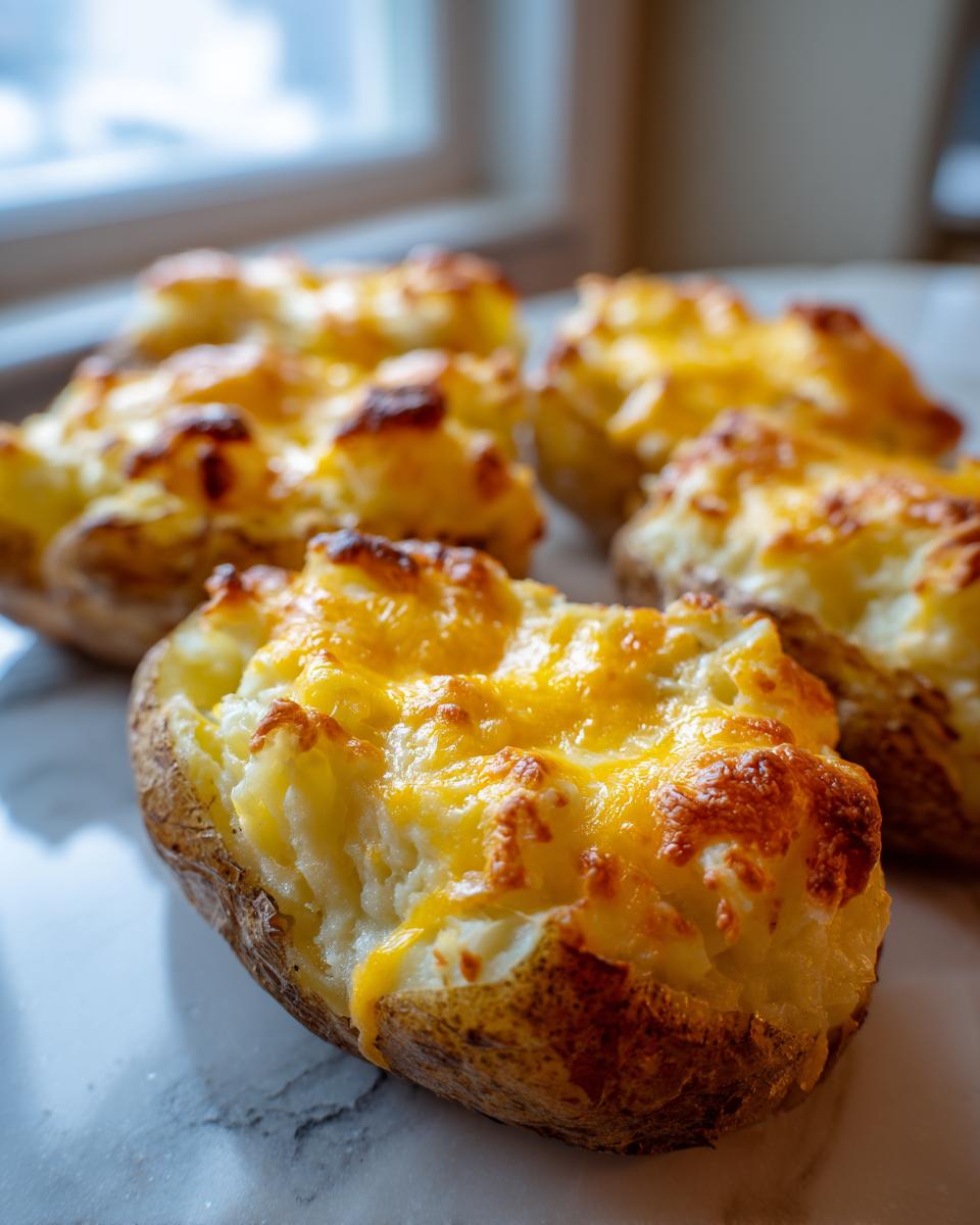 Close-up of a serving of Twice Baked Potato Casserole, featuring fluffy potato filling topped with melted, browned cheddar cheese.