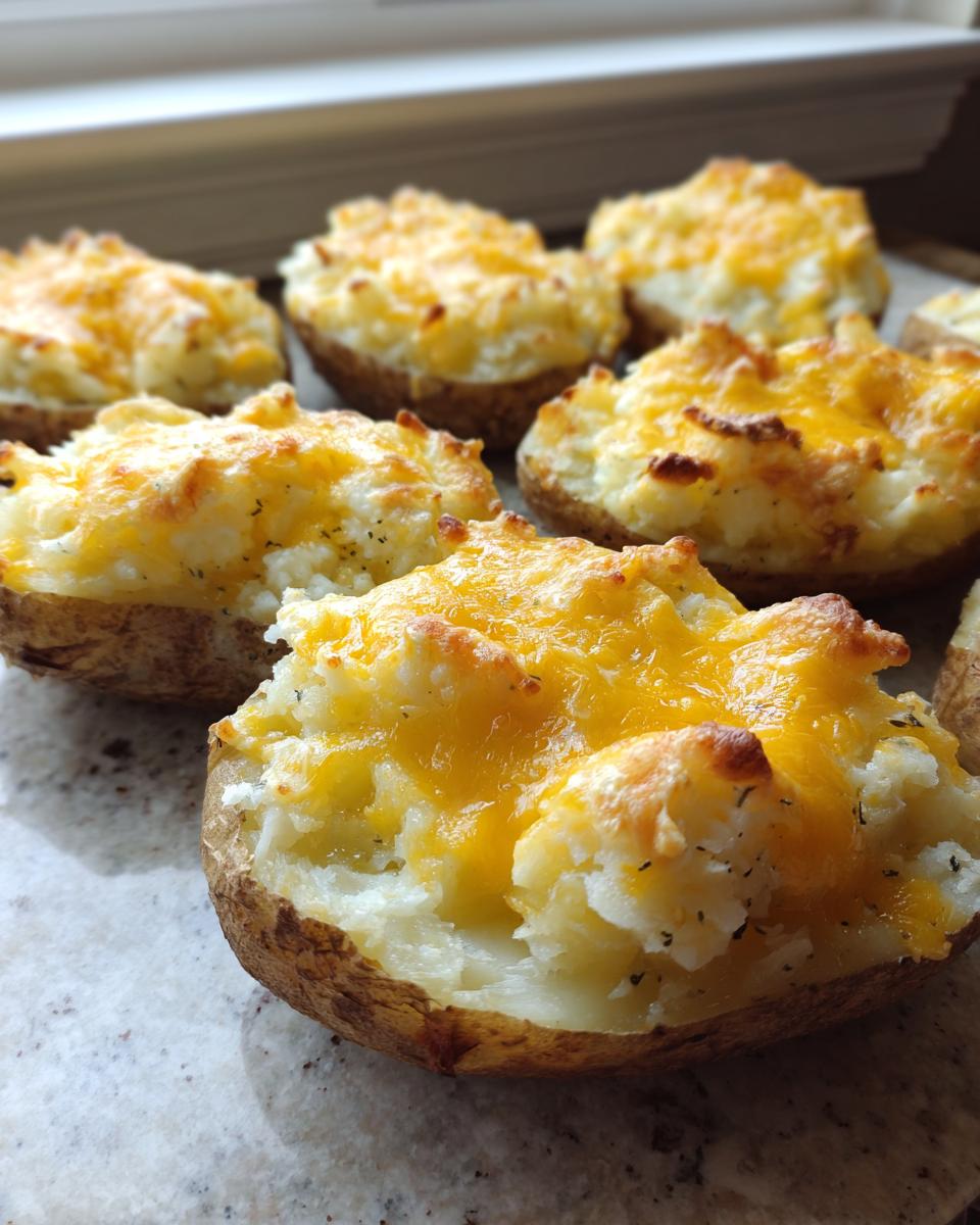 Close-up of several Twice Baked Potato Casserole halves topped with melted, golden cheddar cheese.