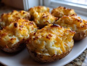 Close-up of several Twice Baked Potato Casserole halves, stuffed with creamy potato filling and topped with melted, browned cheddar cheese.