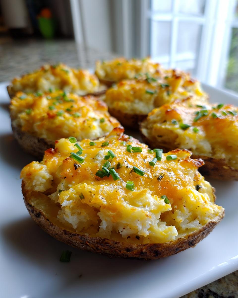 Close-up of several servings of Twice Baked Potato Casserole, topped with melted cheddar cheese and fresh chives.
