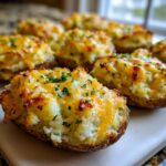 Close-up of a freshly baked Twice Baked Potato Casserole half topped with melted cheddar cheese and chives.