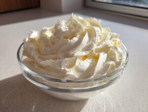 A close-up of perfectly piped, creamy vanilla buttercream frosting mounded high in a clear glass bowl.