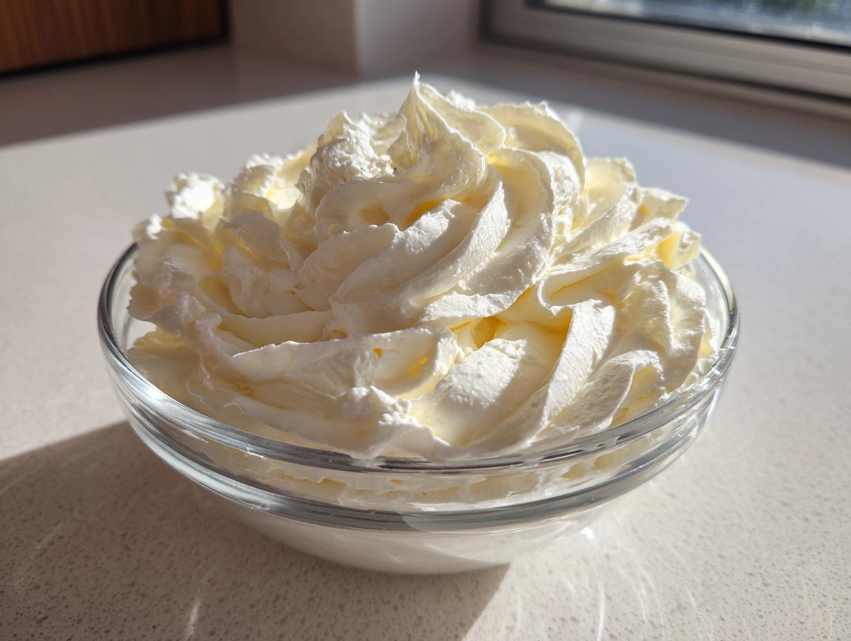 A close-up of perfectly piped, creamy vanilla buttercream frosting mounded high in a clear glass bowl.