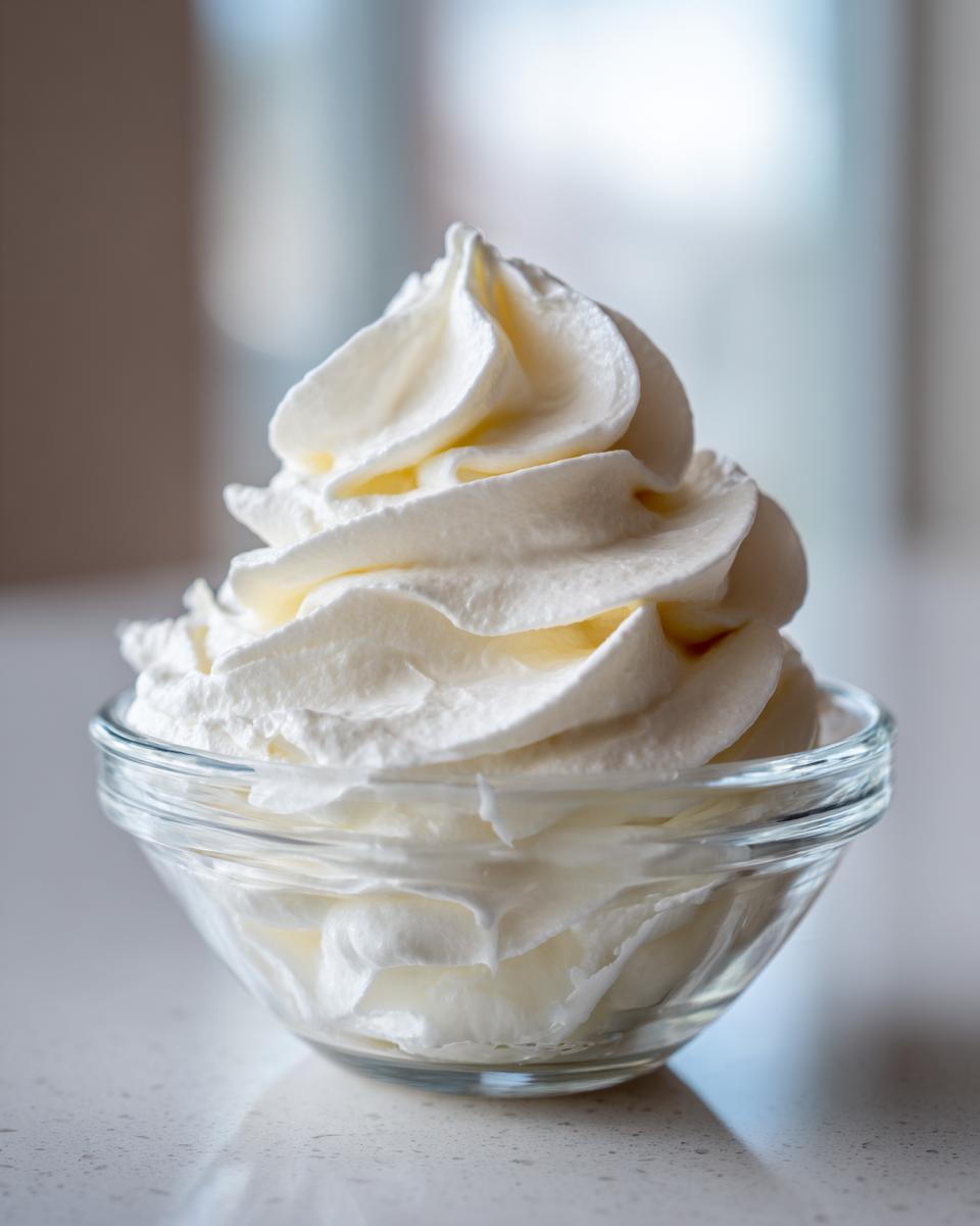 A beautifully piped swirl of fluffy white vanilla buttercream frosting served in a small clear glass bowl.