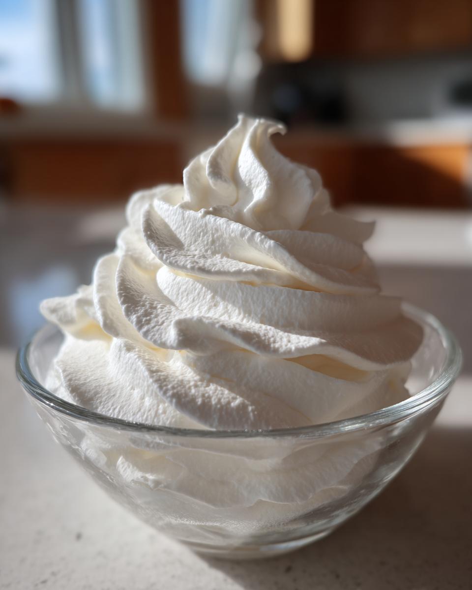 Close-up of perfectly piped, bright white vanilla buttercream frosting piled high in a small clear glass bowl.