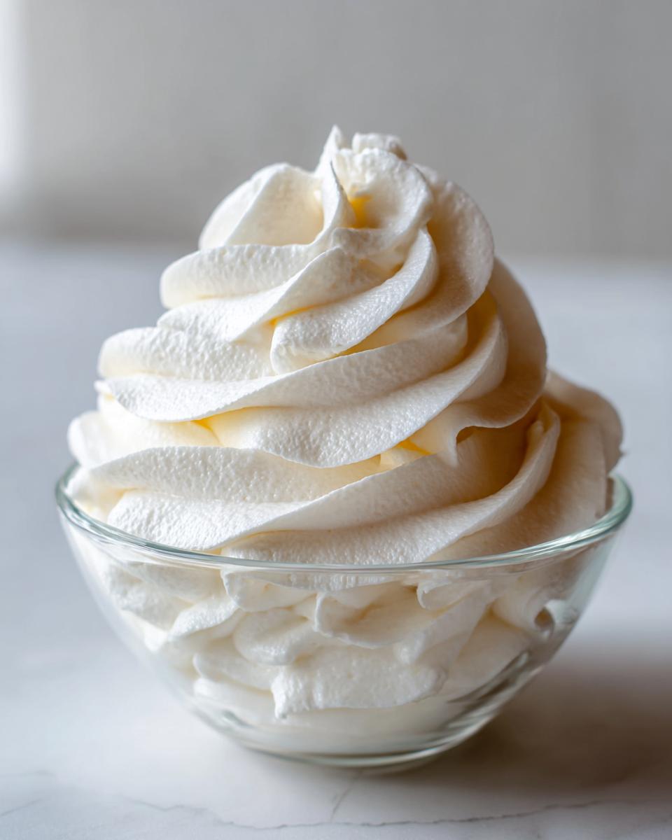 A beautiful, tall swirl of creamy white vanilla buttercream frosting piped into a small glass bowl.