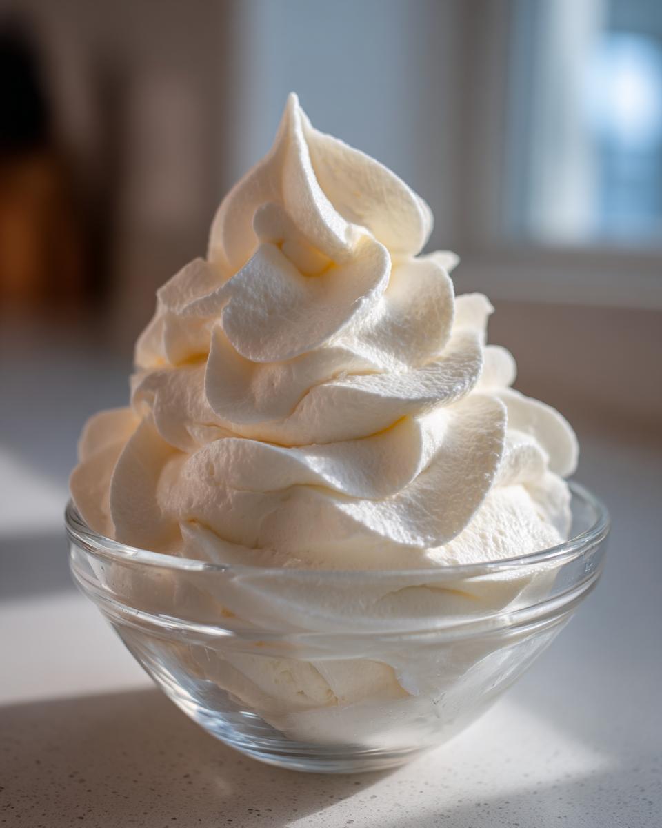 A beautiful, tall swirl of creamy vanilla buttercream frosting piped into a small glass bowl.