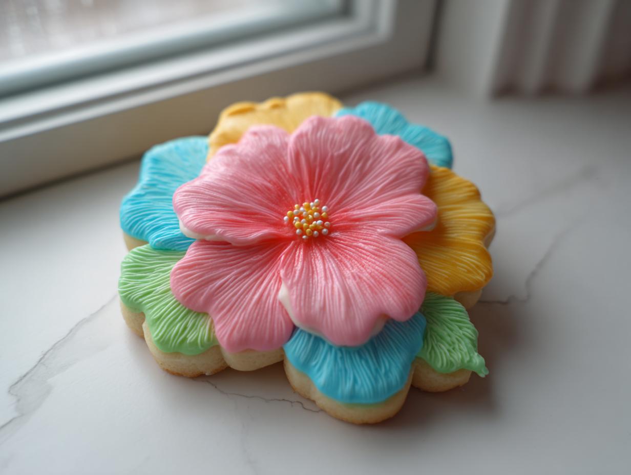 A beautifully decorated, multi-layered Flower Sugar Cookie resembling a tropical bloom with pink, yellow, blue, and green icing.
