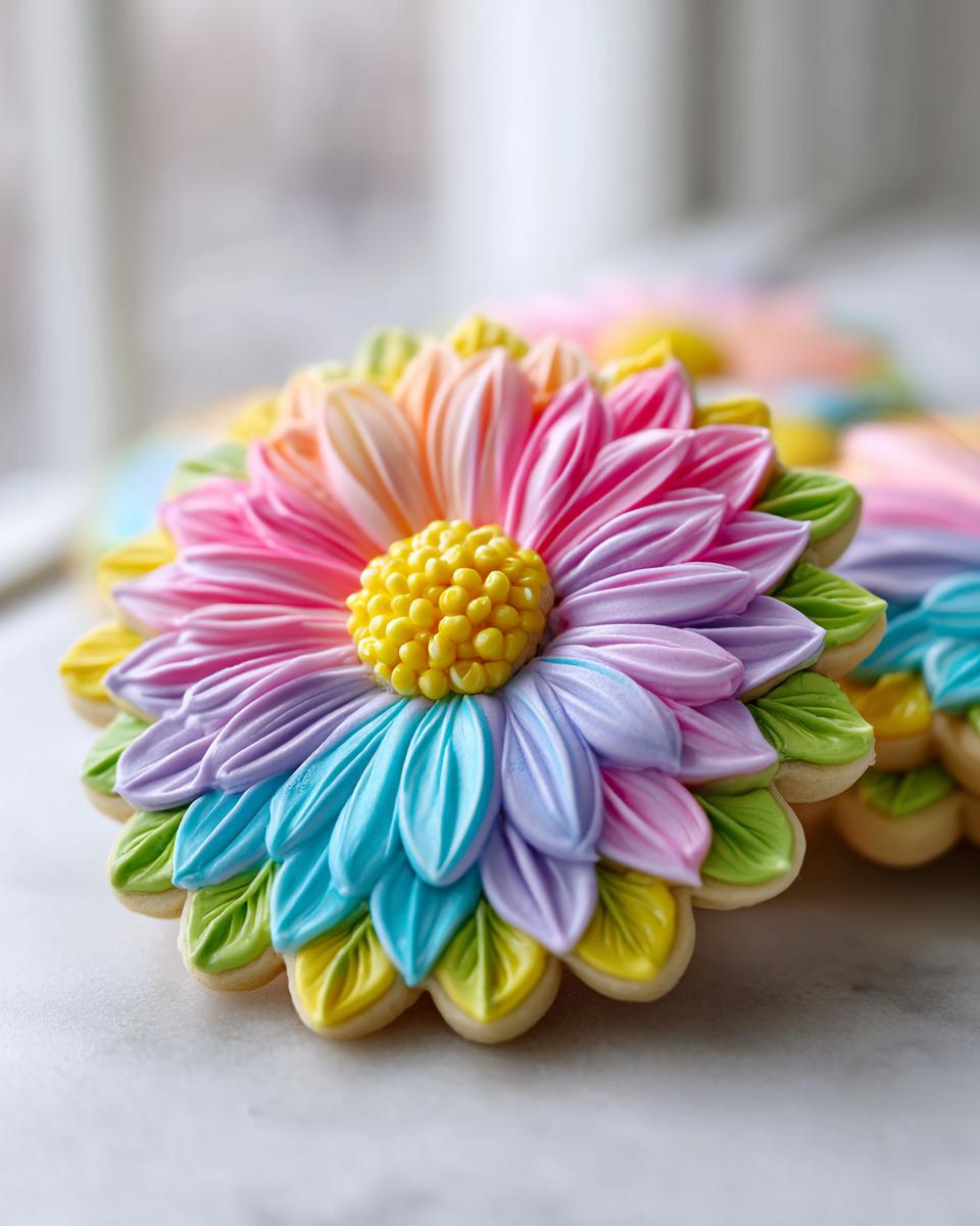 Close-up of a beautifully decorated Flower Sugar Cookie featuring rainbow-colored piped petals and a yellow center.