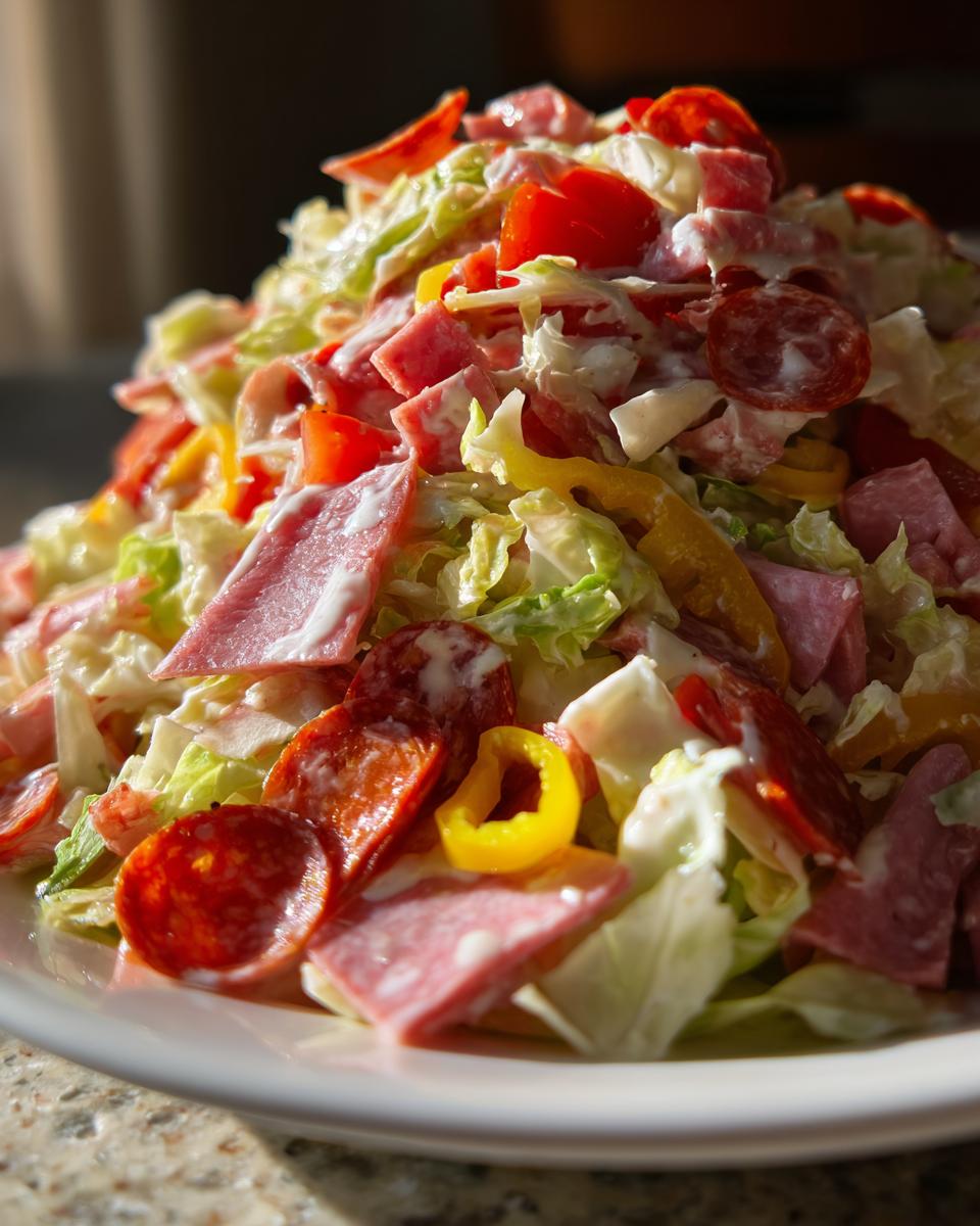 A vibrant mound of grinder salad featuring chopped lettuce, salami, ham, tomatoes, peppers, and creamy dressing.
