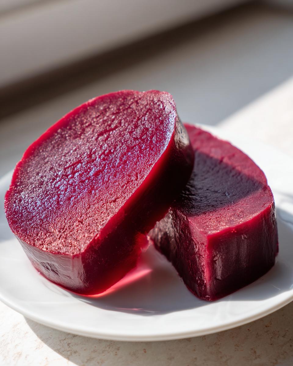 Close-up of two thick, jewel-toned slices of deep red Yokan dessert resting on a small white plate.