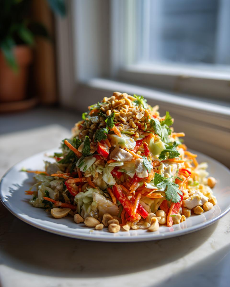 A tall mound of vibrant thai chicken salad featuring shredded cabbage, carrots, red peppers, and topped generously with chopped peanuts and cilantro.