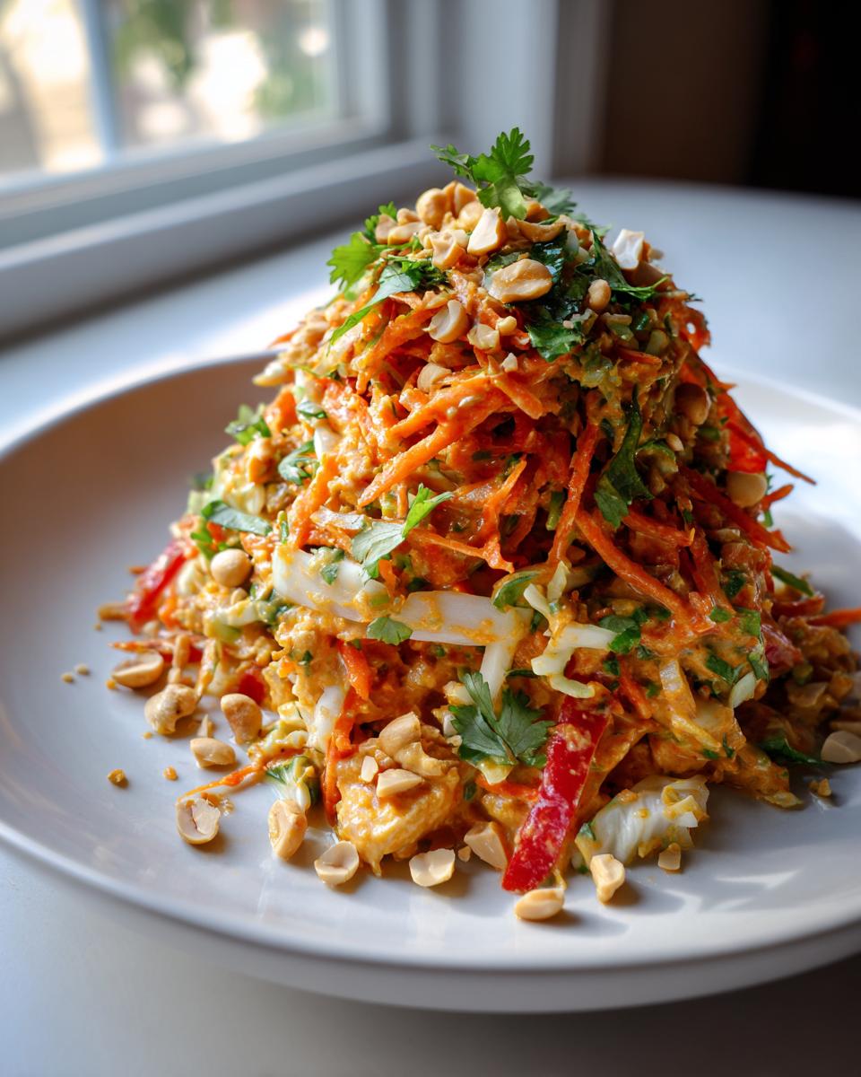 A tall mound of vibrant thai chicken salad featuring shredded carrots, cilantro, and crushed peanuts on a white plate.