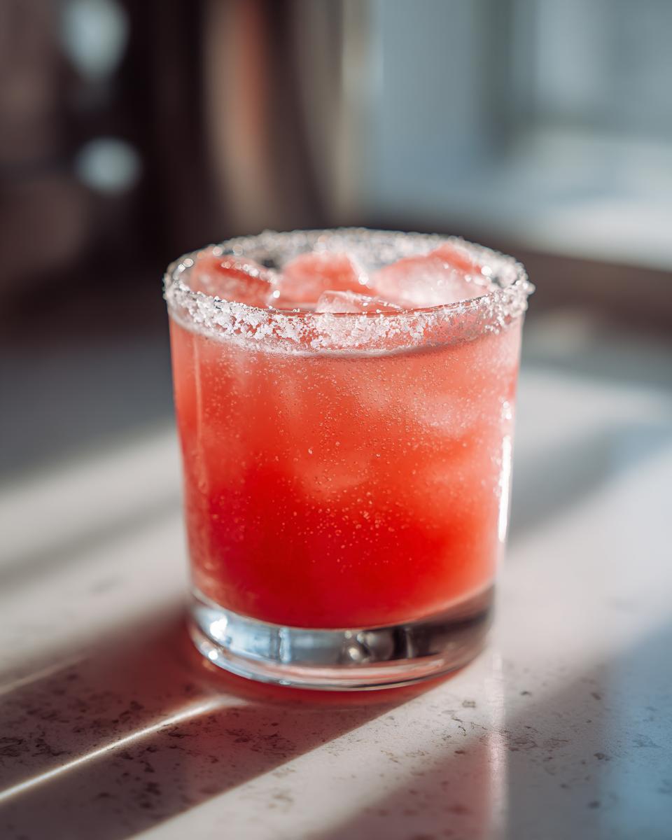 Close-up of a vibrant red Watermelon Margarita in a glass with a salted rim and ice cubes.