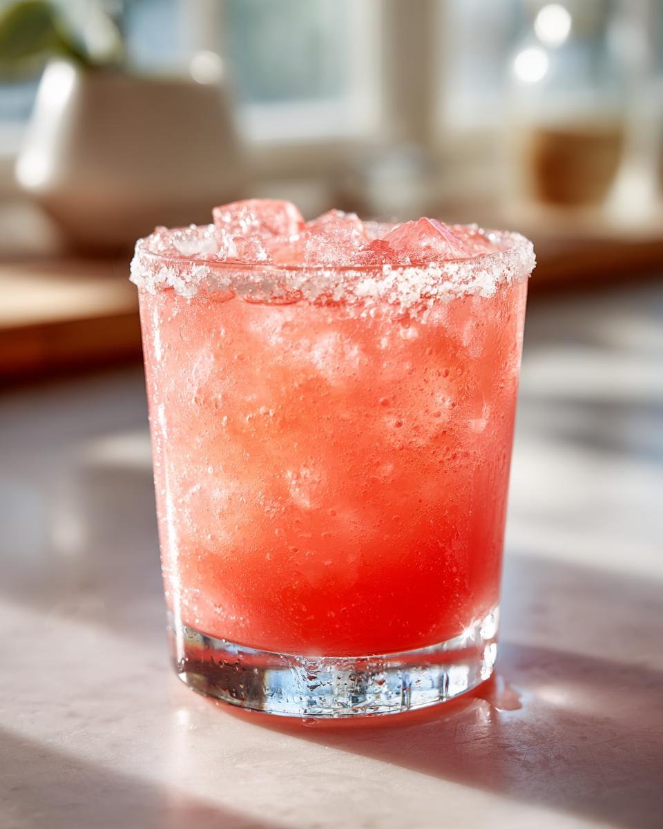 Close-up of a vibrant pink Watermelon Margarita in a glass with a salt rim and crushed ice.