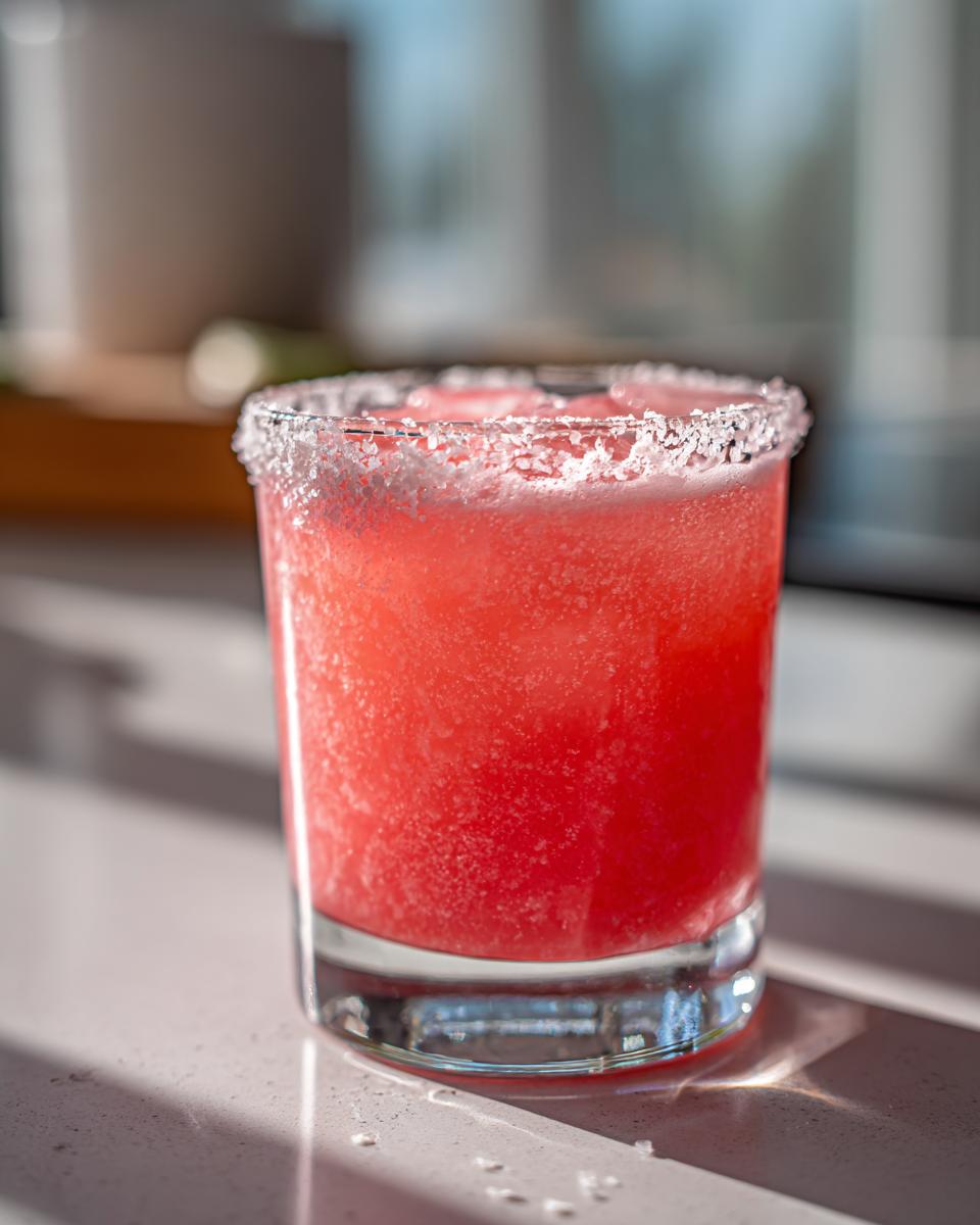 Close-up of a bright pink Watermelon Margarita in a glass with a thick salt rim, sitting in sunlight.