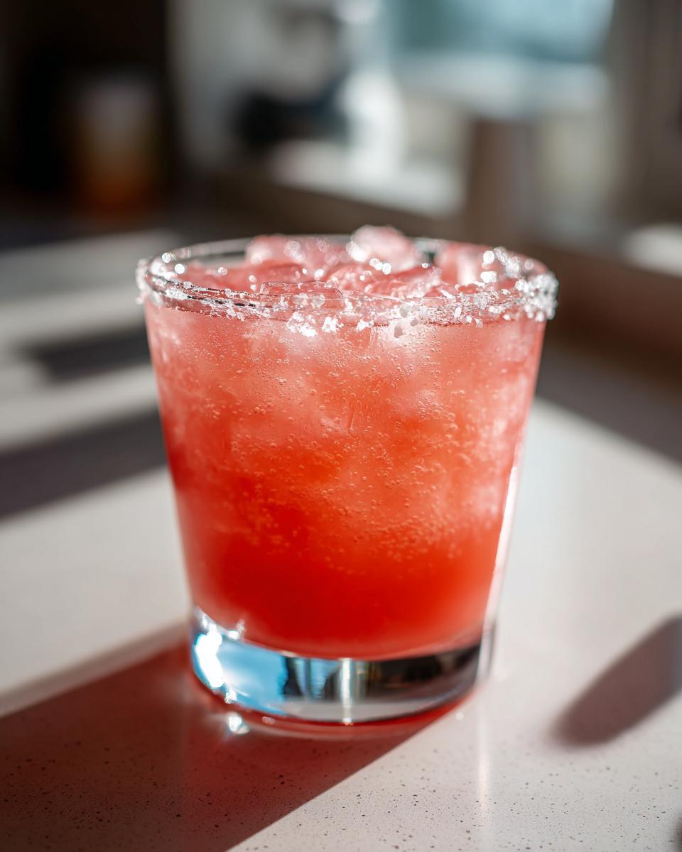 A vibrant, red Watermelon Margarita served over ice in a rocks glass with a salted rim.