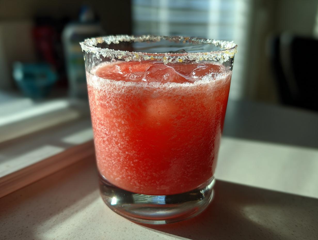A frosty glass filled with a bright red Watermelon Margarita, featuring a thick sugar or salt rim.
