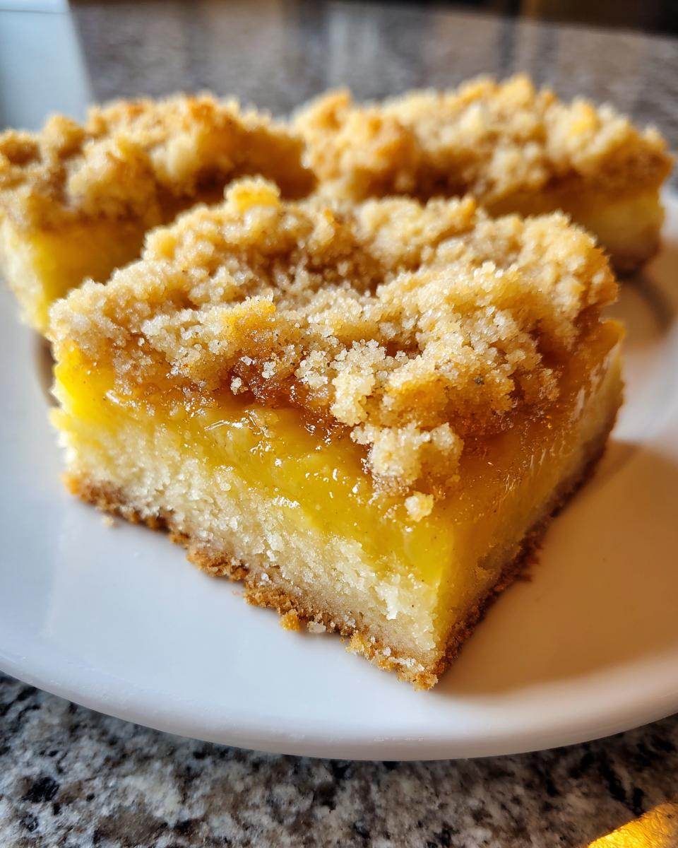 A close-up of a square lemon crumb bars slice showing a thick, bright yellow lemon filling and a generous, textured crumb topping.