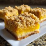 A close-up view of a square lemon crumb bars slice showing the bright yellow filling and thick, textured crumb topping.