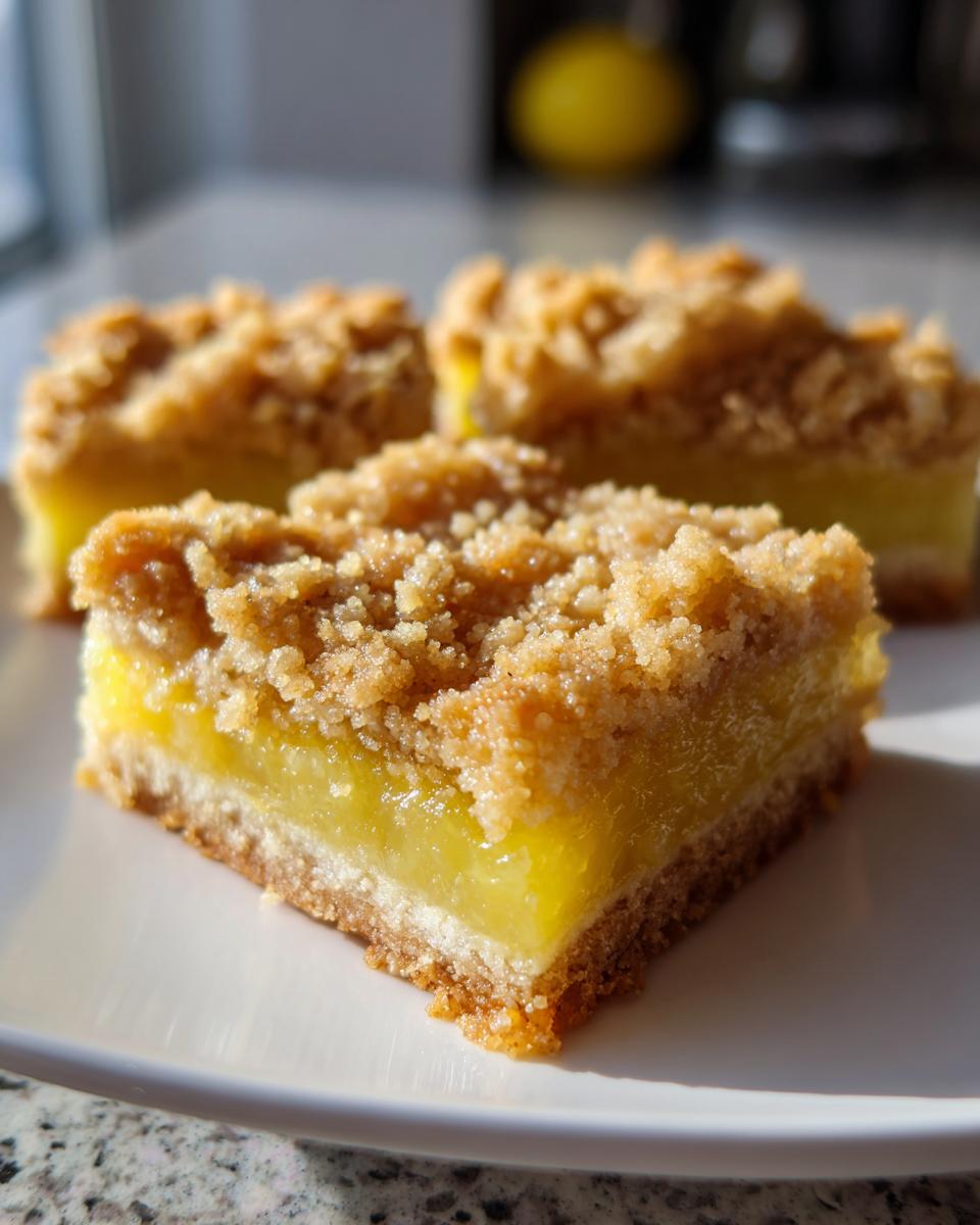 Three bright yellow lemon crumb bars with thick, golden brown streusel topping resting on a white plate.