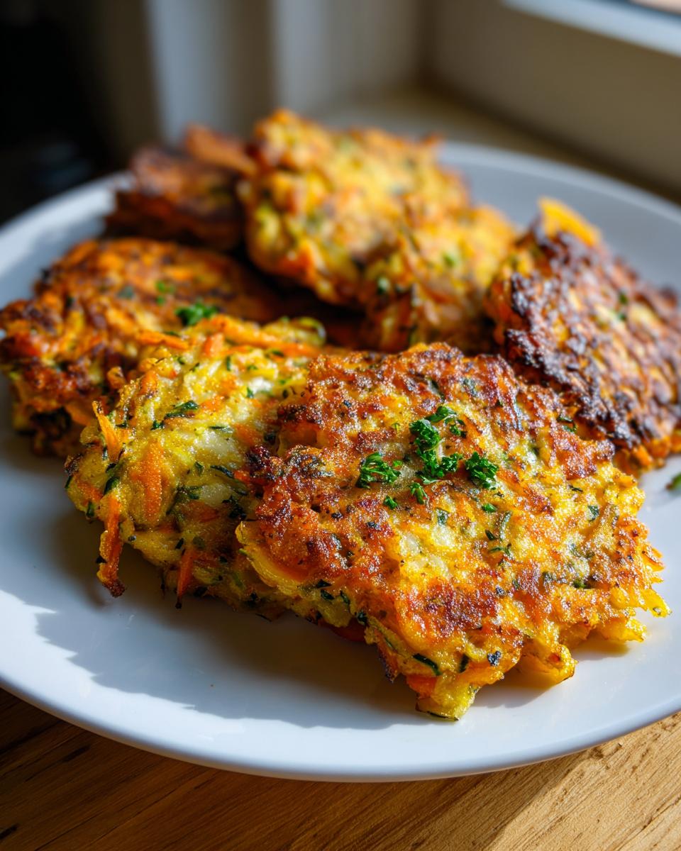 A close-up of several golden brown zucchini carrot fritters, lightly garnished with parsley, served on a white plate.