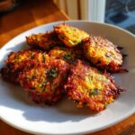 A pile of perfectly golden brown zucchini carrot fritters resting on a white plate, catching the sunlight.
