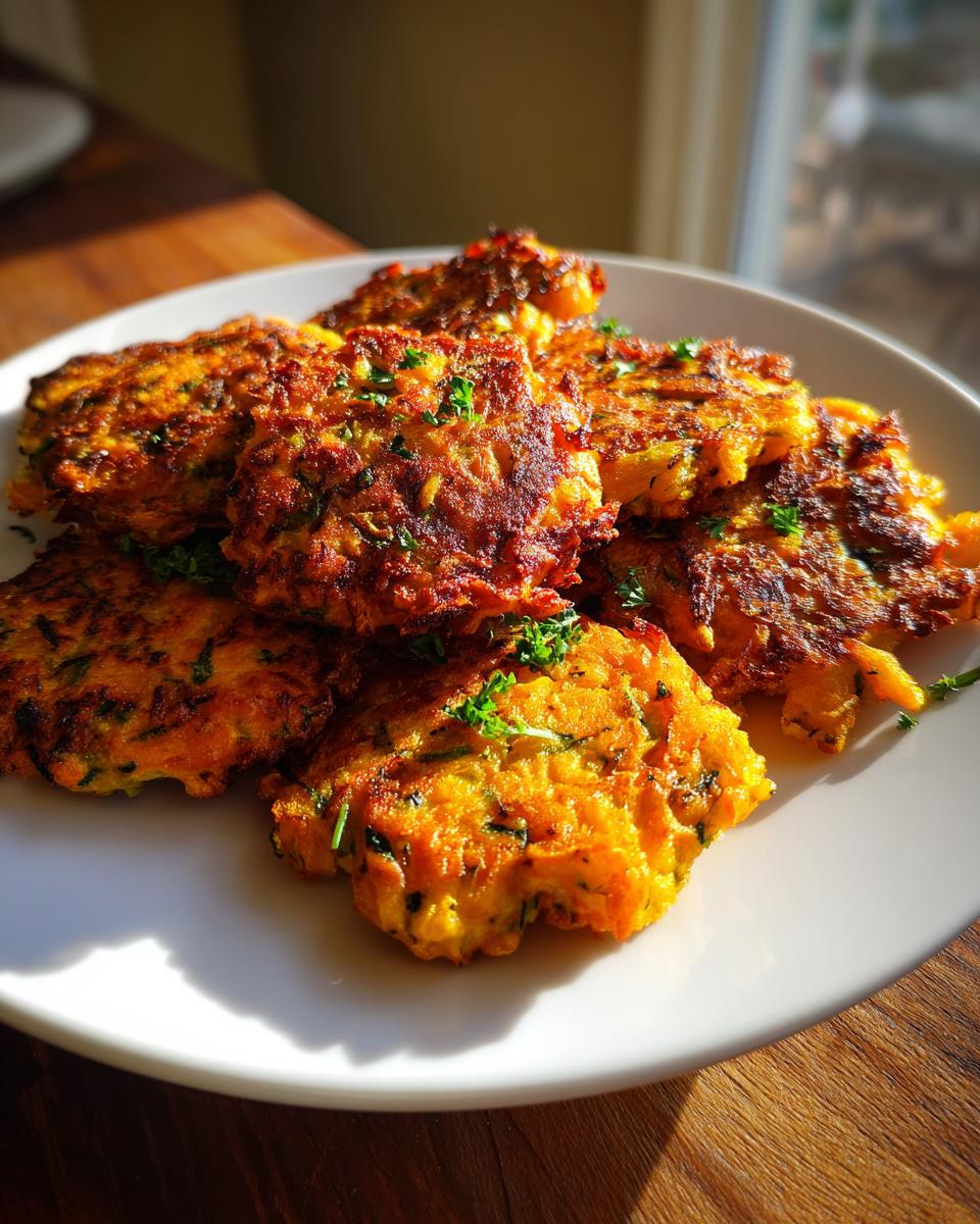 A stack of golden brown zucchini carrot fritters garnished with fresh parsley, served on a white plate.
