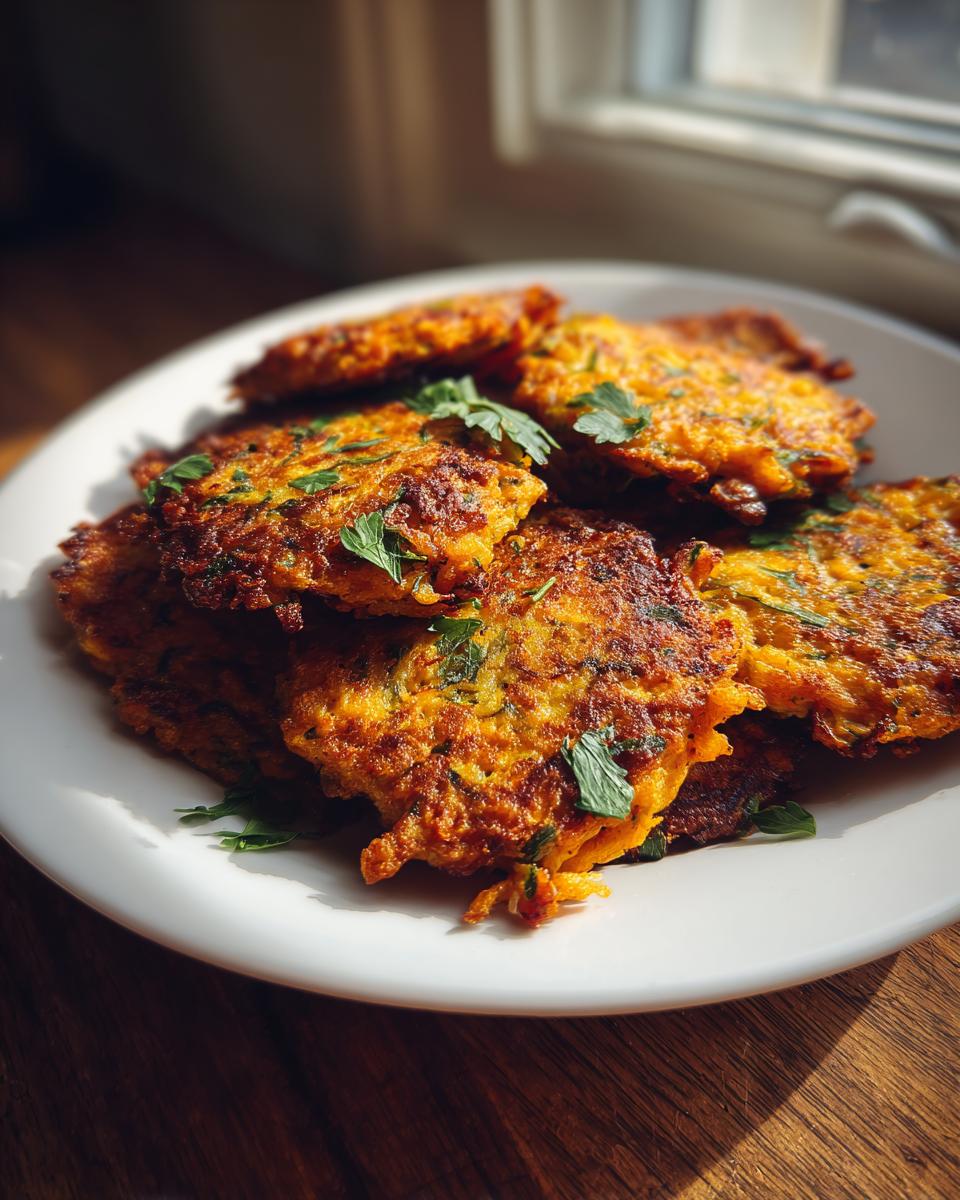 A stack of golden brown zucchini carrot fritters garnished with fresh parsley, sitting on a white plate near a window.