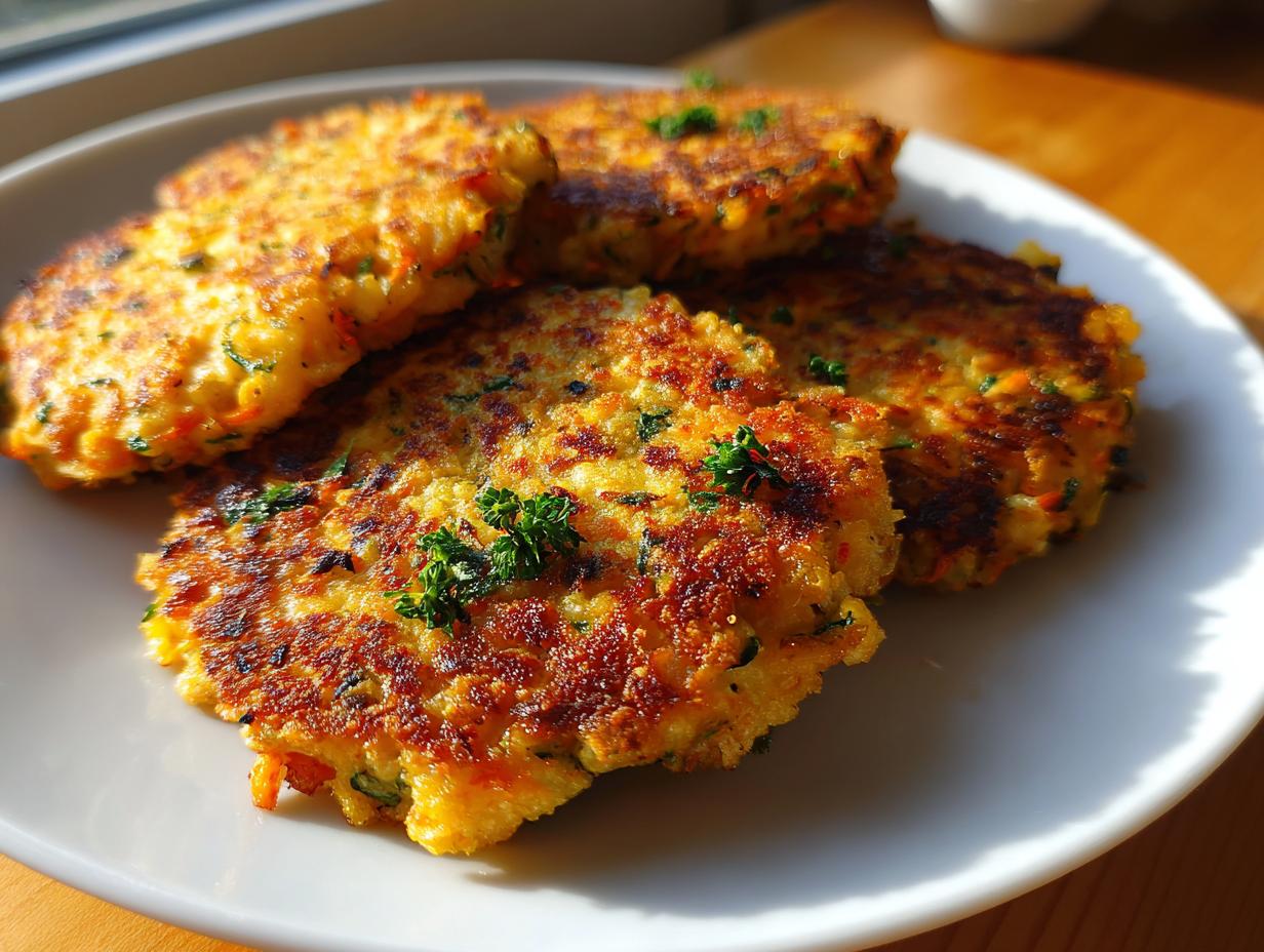 Four golden-brown zucchini carrot fritters stacked slightly on a white plate, garnished with fresh parsley.