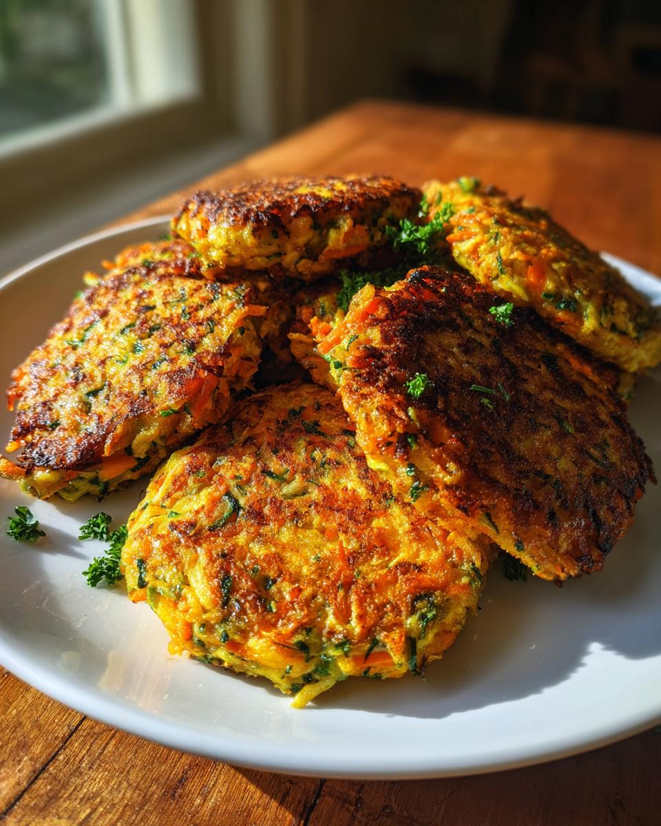 A stack of golden brown zucchini carrot fritters, showing shredded vegetables and herbs, served on a white plate.