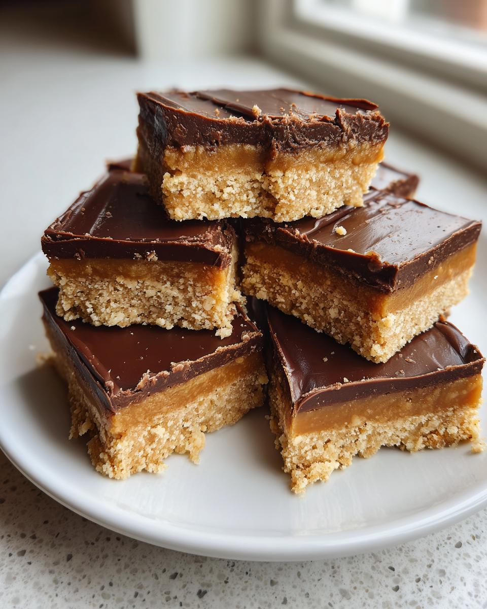 A stack of rich, three-layer toffee bars featuring a crumbly base, gooey caramel, and dark chocolate topping.