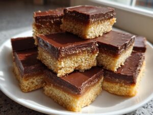 A stack of freshly cut, addictive 3-layer toffee bars featuring a shortbread base, caramel layer, and thick chocolate topping.