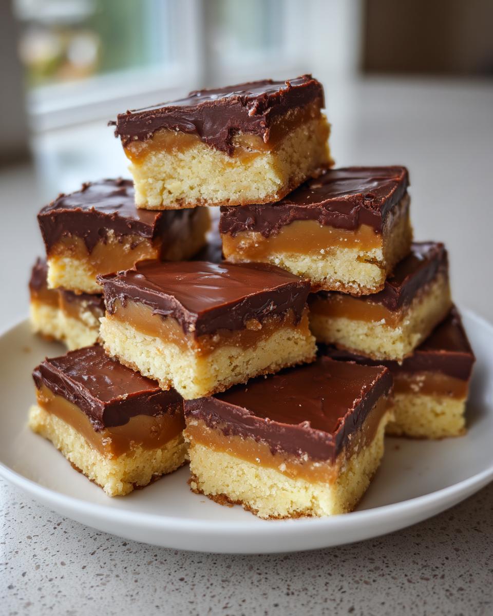 A stack of freshly cut 3-layer toffee bars featuring a shortbread base, caramel layer, and rich chocolate topping.