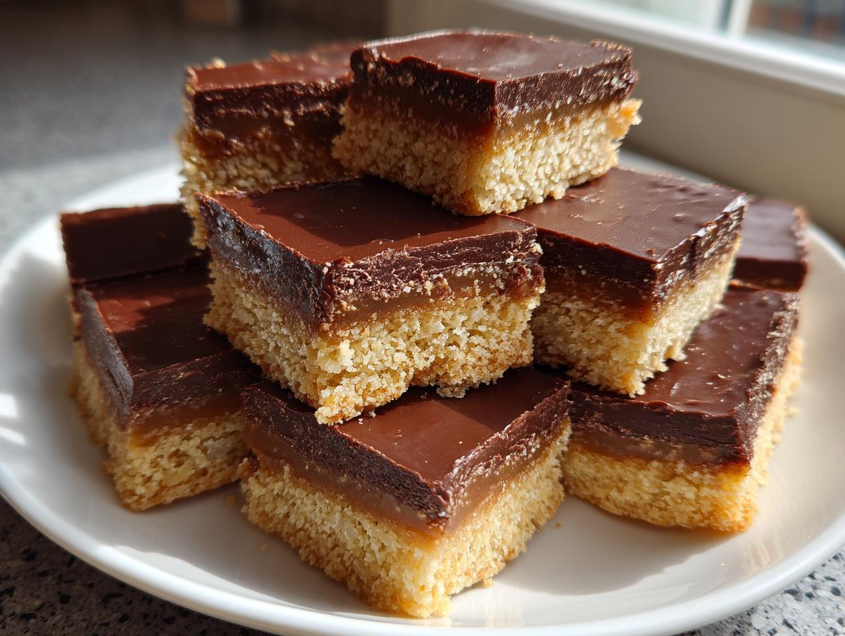 A stack of freshly cut, addictive 3-layer toffee bars featuring a shortbread base, caramel layer, and thick chocolate topping.