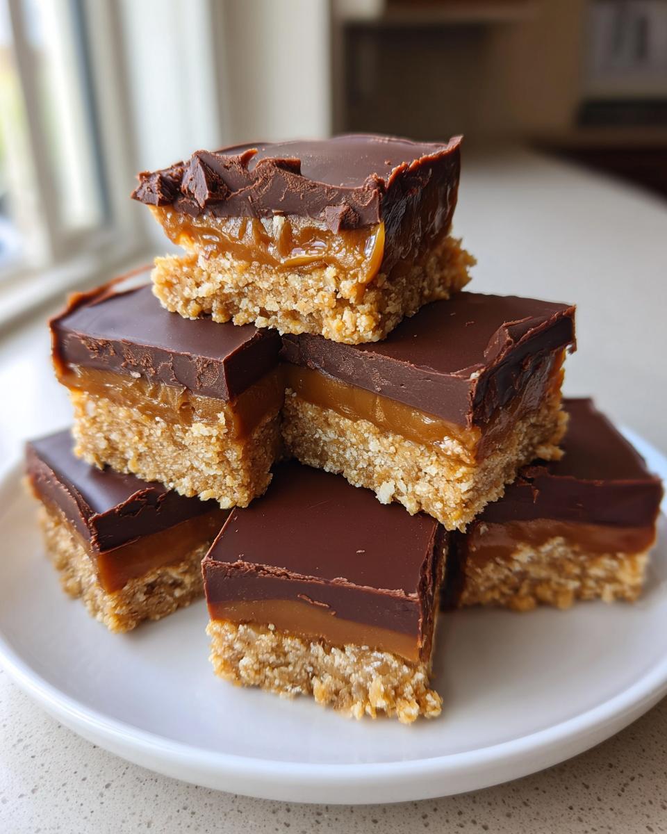 A stack of homemade, three-layer toffee bars featuring a crumbly base, gooey caramel, and thick chocolate topping.