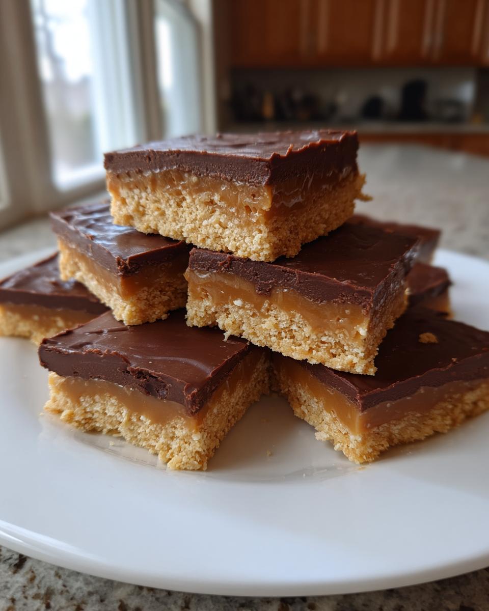 A stack of homemade 3-layer toffee bars featuring a shortbread base, thick caramel layer, and rich chocolate topping.
