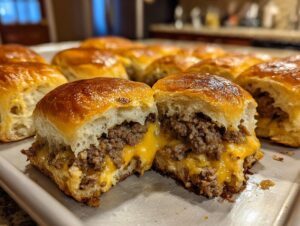 Close-up of a baked cheeseburger slider cut in half showing ground beef and gooey melted cheese.