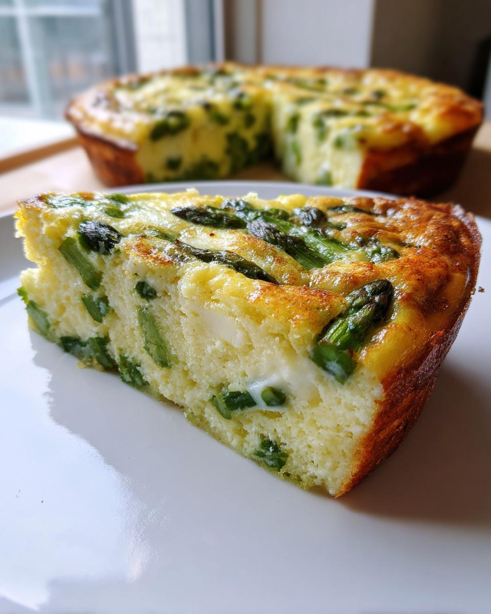 A thick slice of golden Asparagus brie frittata showing green asparagus pieces and melted brie cheese.