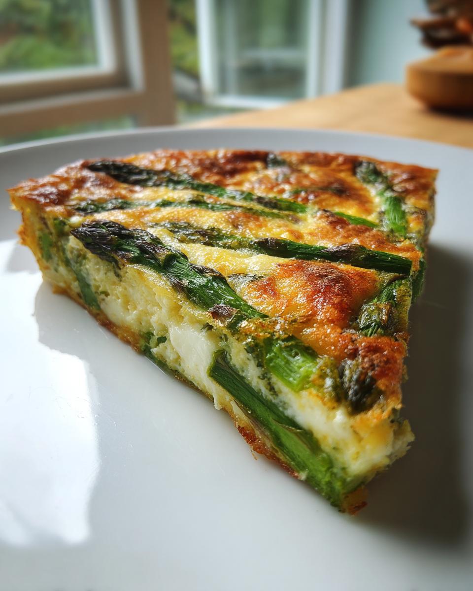 A close-up slice of Asparagus brie frittata showing green asparagus spears and white brie cheese baked into the egg.