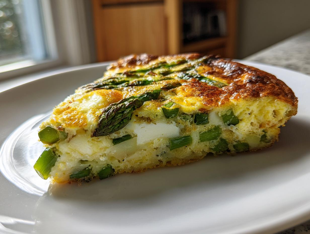 A thick slice of Asparagus brie frittata showing green asparagus pieces and white brie cheese baked into the golden egg base.