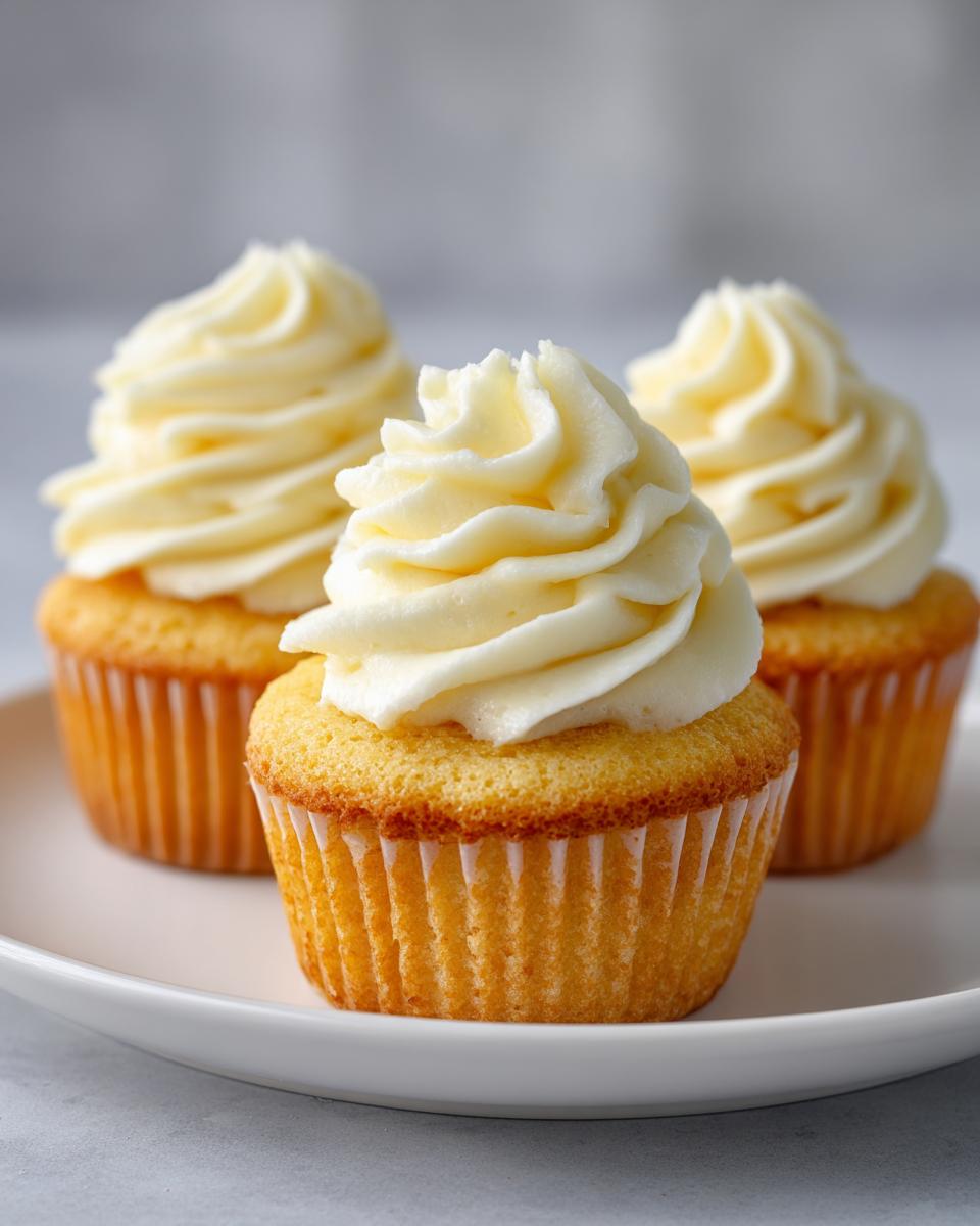 Three bright lemon cupcakes topped with swirls of creamy white frosting, sitting on a white plate.