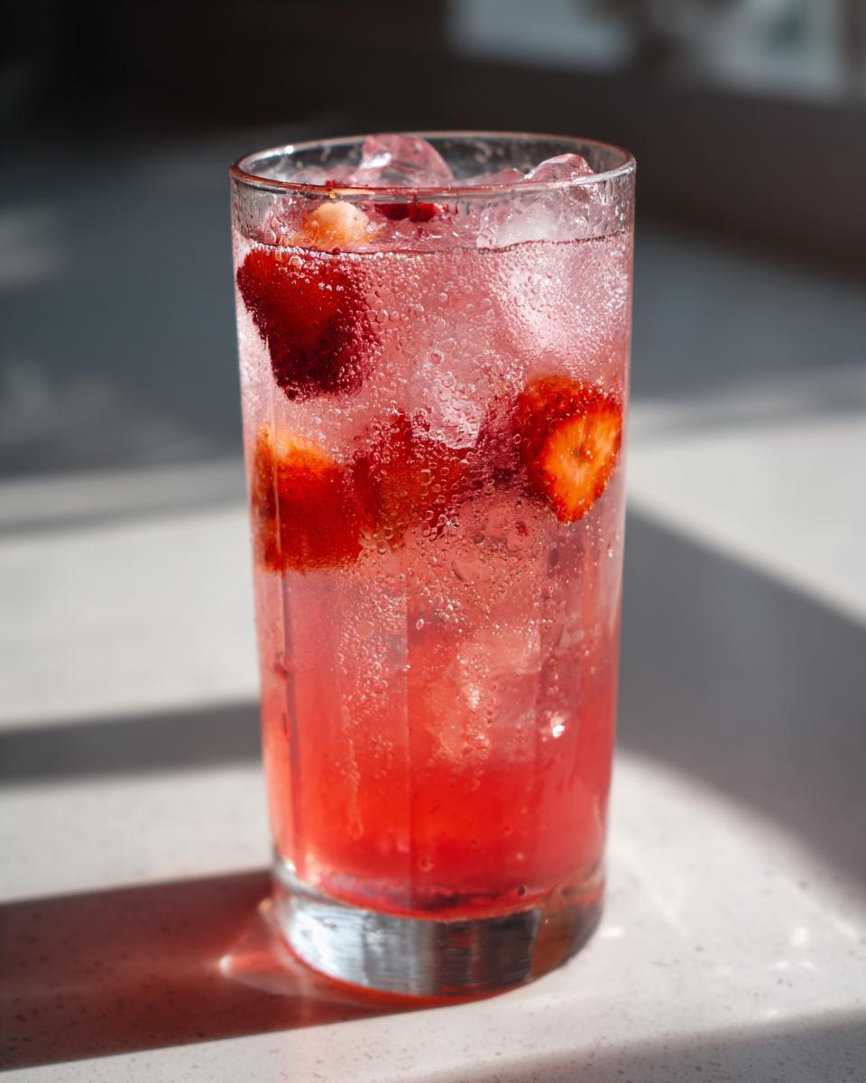 A tall glass filled with bubbly, bright red Strawberry Lemonade, ice cubes, and fresh strawberry slices.