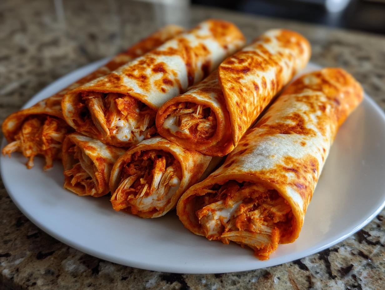 A close-up of several rolled Buffalo chicken pinwheels filled with shredded chicken and cheese, served on a white plate.