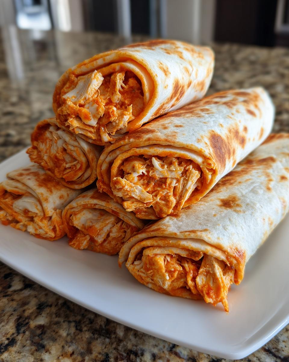 A stack of five rolled Buffalo chicken pinwheels filled with shredded chicken in orange sauce, served on a white plate.
