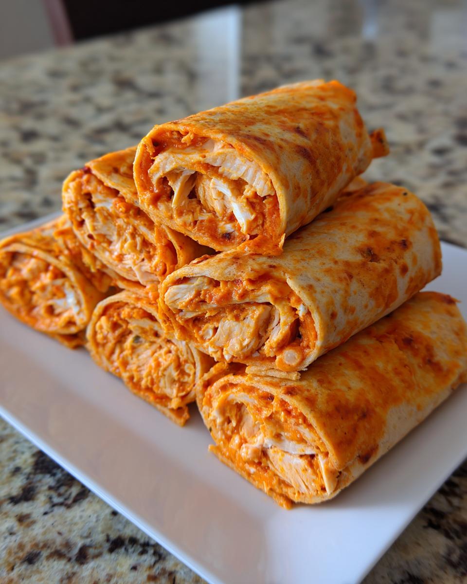 A stack of freshly made Buffalo chicken pinwheels cut into slices, showing shredded chicken and orange sauce filling.
