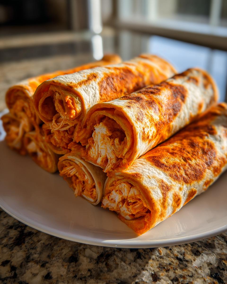 A stack of rolled Buffalo chicken pinwheels showing the shredded chicken and orange sauce filling inside a tortilla.
